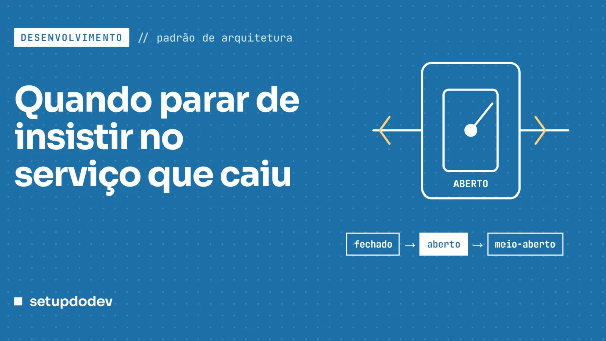 Capa do Setup do Dev em azul: "Quando parar de insistir no serviço que caiu", com o desenho de um disjuntor aberto e os estados fechado, aberto e meio-aberto
