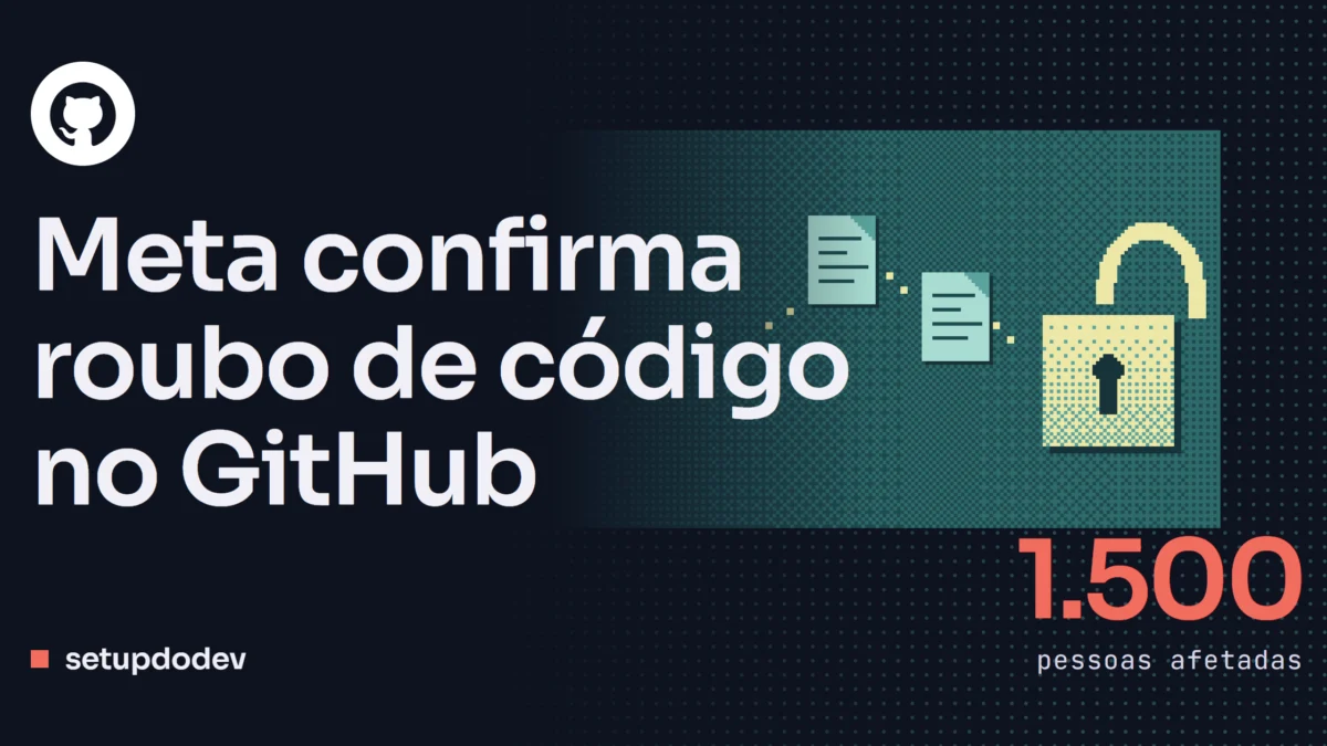 Capa do Setup do Dev: "Meta confirma roubo de código no GitHub", com o símbolo do GitHub, um cadeado aberto e arquivos de código escapando em pixel art, e o número 1.500 pessoas afetadas