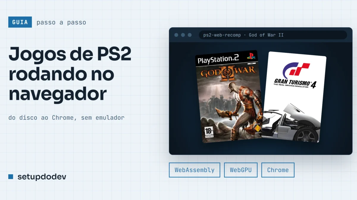 Capa do Setup do Dev: "Jogos de PS2 rodando no navegador, do disco ao Chrome, sem emulador", com as caixas de God of War II e Gran Turismo 4 dentro de uma janela de navegador