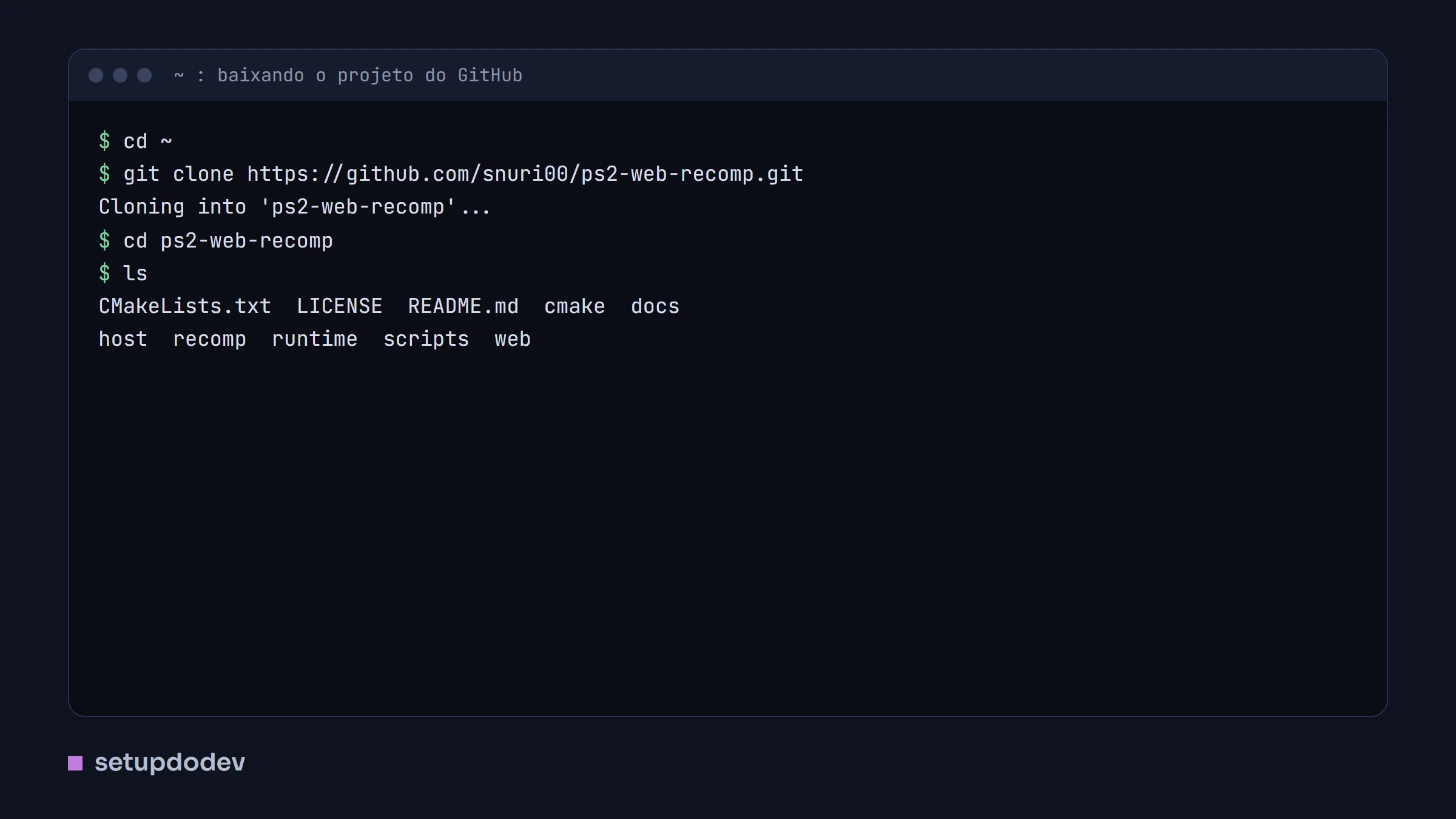Terminal mostrando o git clone do repositório ps2-web-recomp e as pastas do projeto