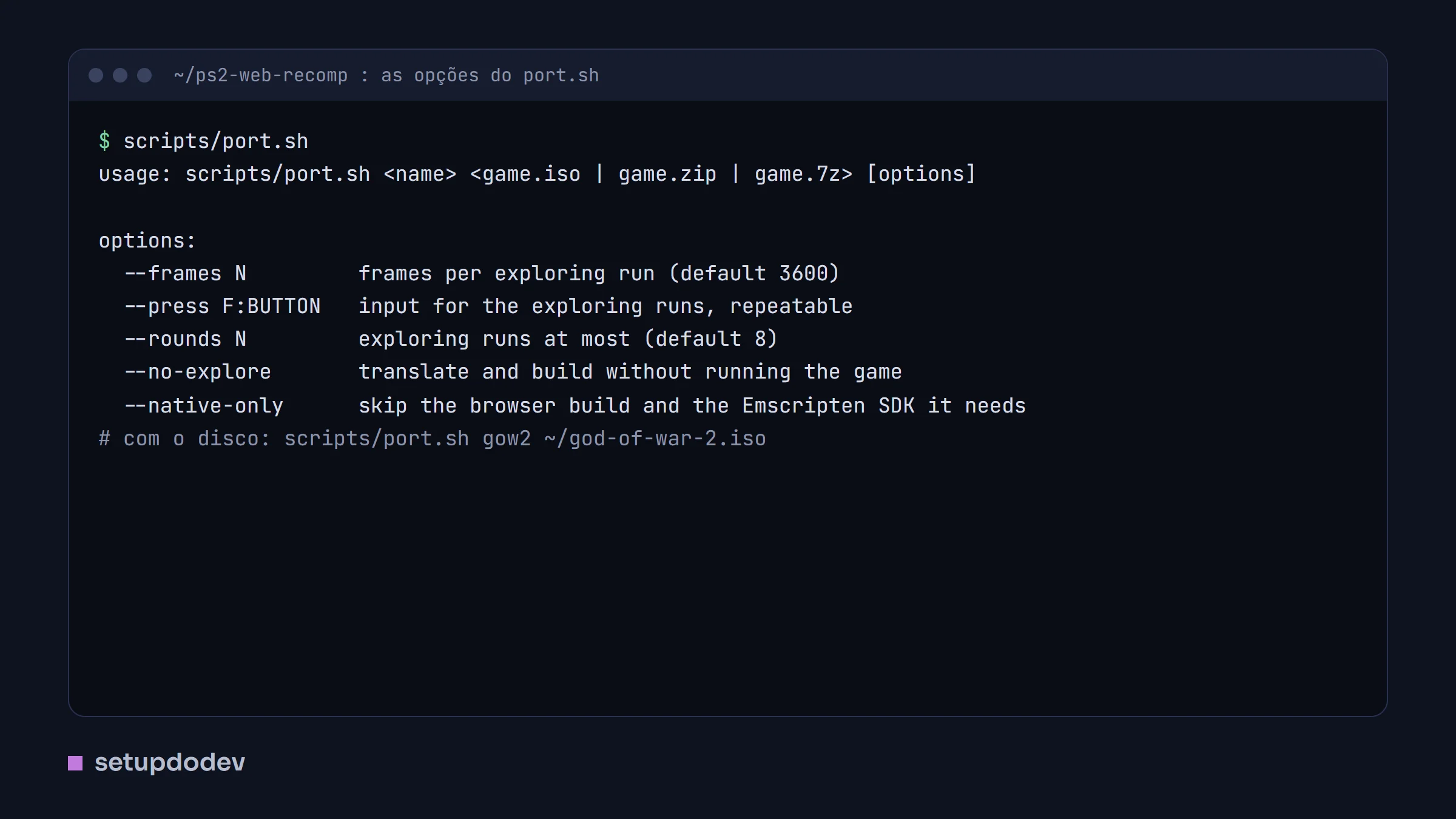 Terminal mostrando as opções do script port.sh, que converte a imagem do disco